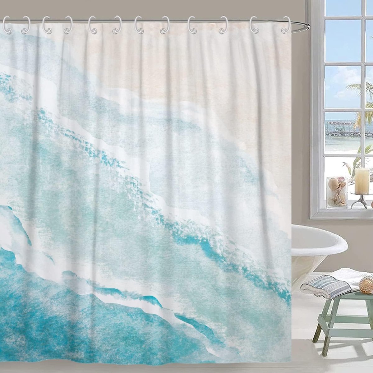 Strand douchegordijn, groenblauw kust oceaan strand thema badkamer gordijn waterdichte stof machine wasbaar met haken - ShopVlot