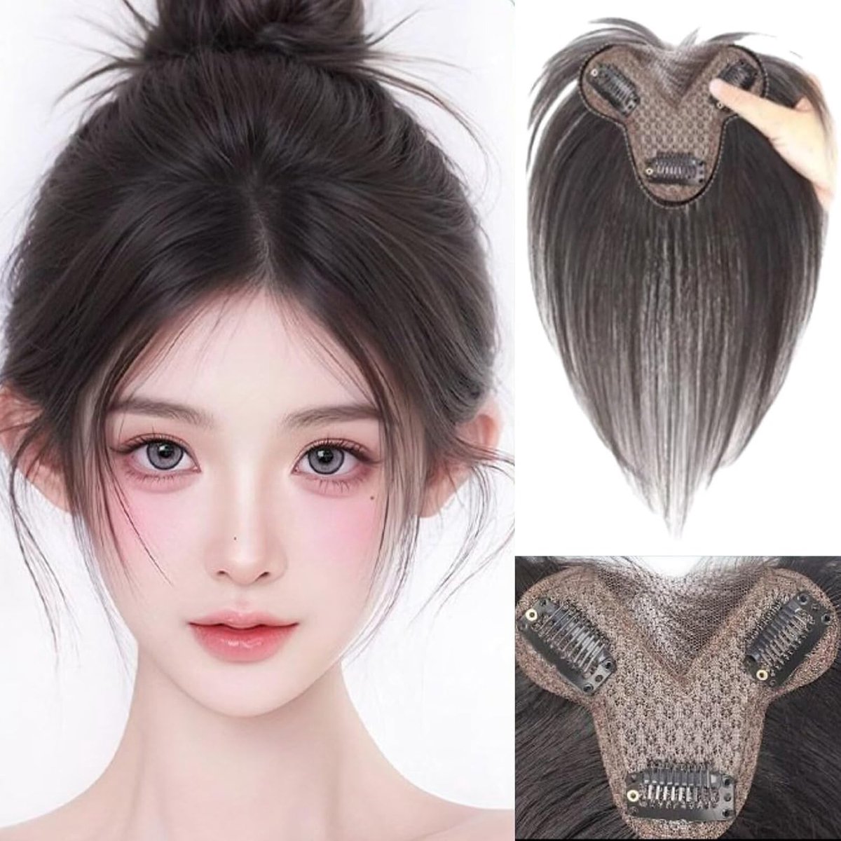 Haarstukken voor vrouwen, clip-in, echt haar, gedeeld, met pony, 150% dichtheid, zijden basis (gedeelde pony) - ShopVlot