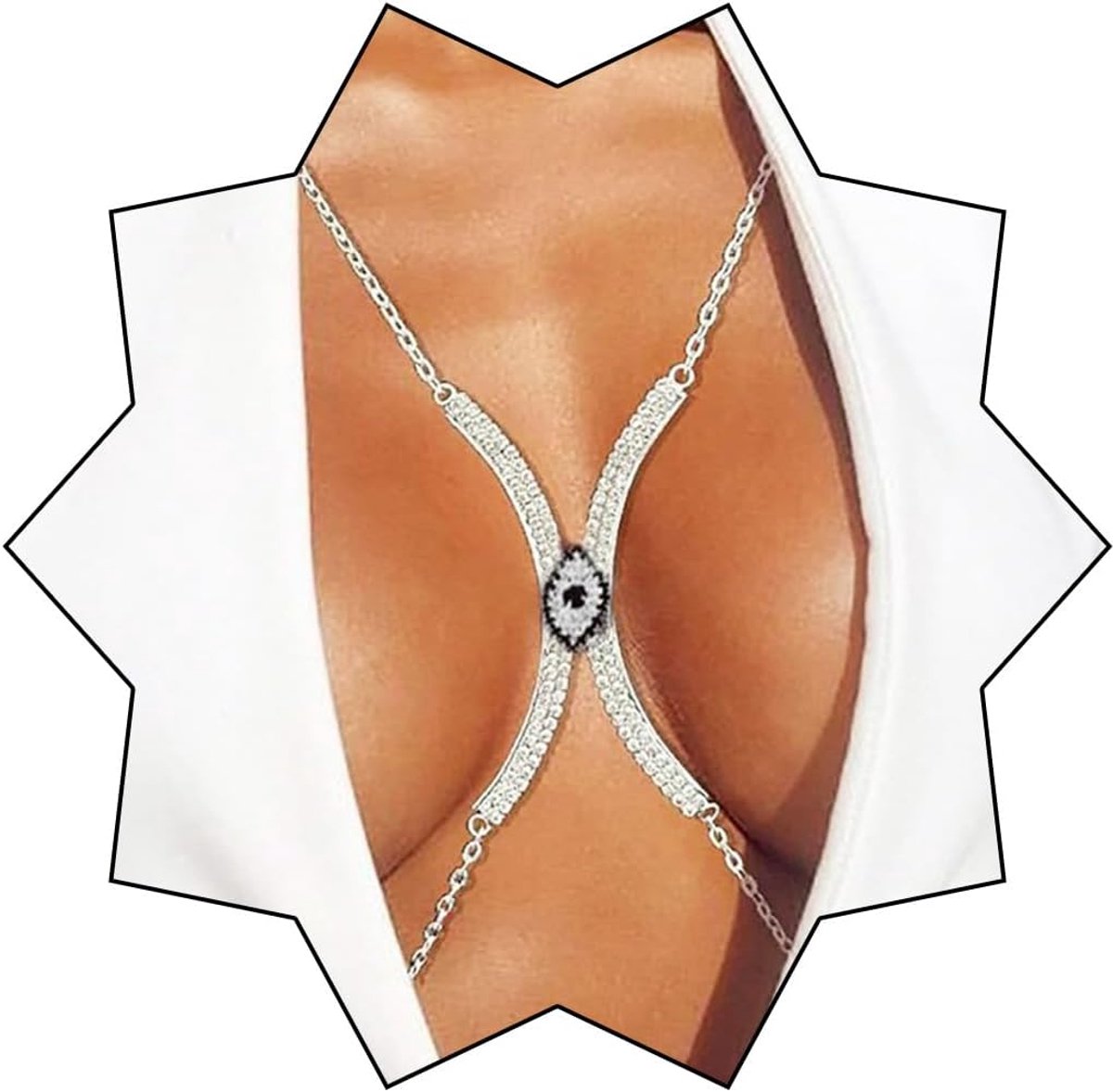 IYOU Shine Rhinestone Body Chain Silver Evil Eye Bra Necklaces Sparkly Nightclub Halloween Party Chest Necklace - ShopVlot