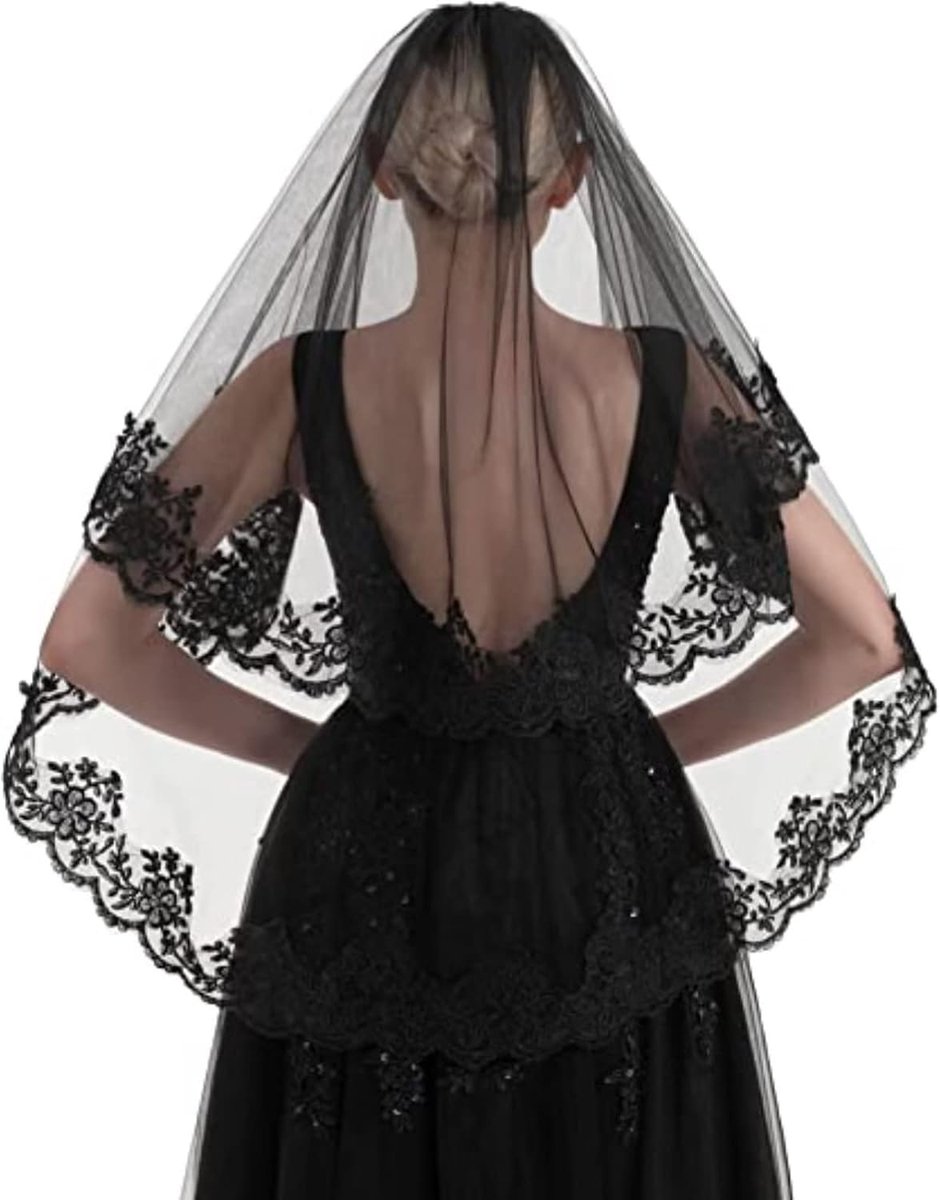 Black Lace Veil Halloween Veil Vintage Grave Veil Halloween Wedding 2 Tier with Comb for Costume Cosplay Day Of The - ShopVlot