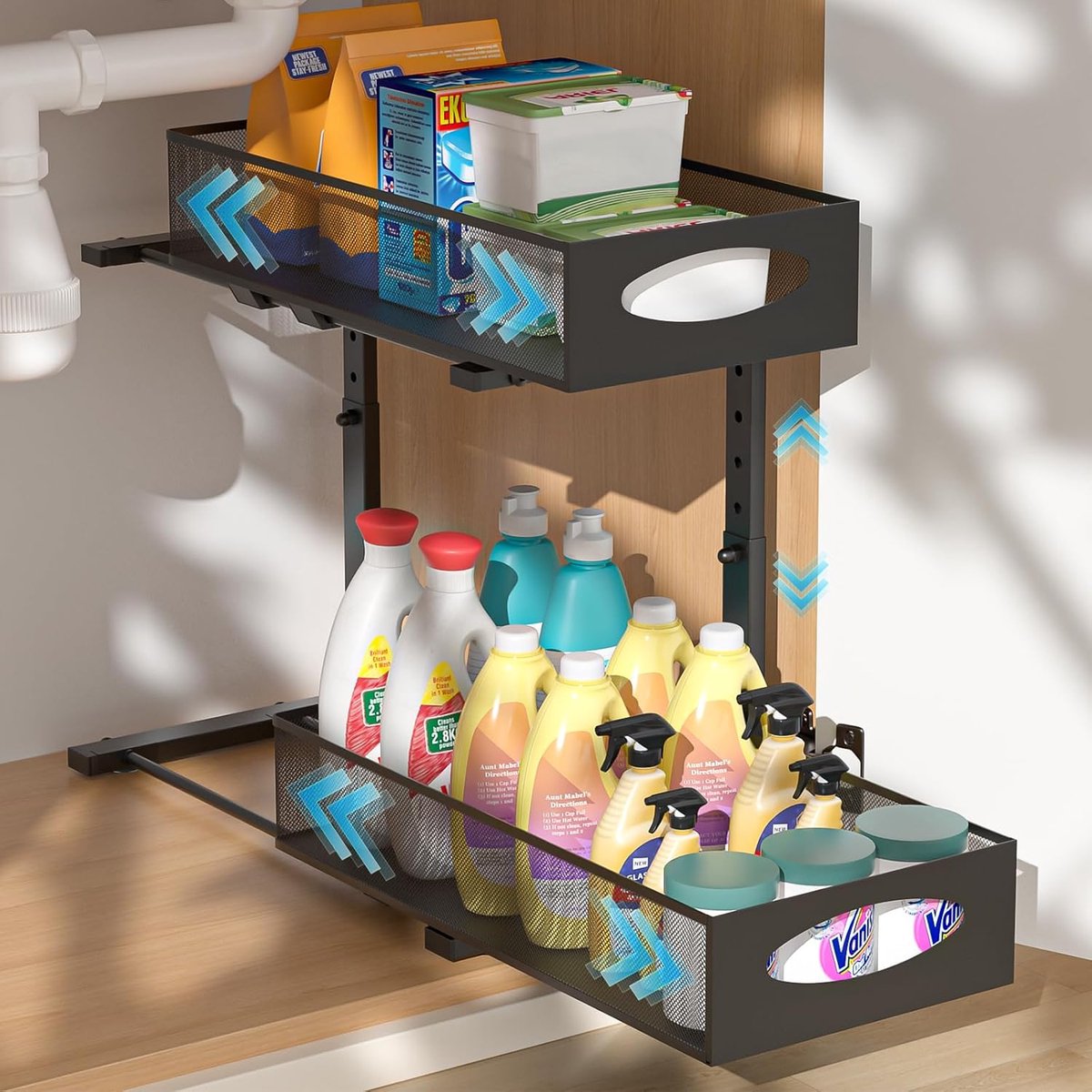2 Levels Under Washbasin, Rack, Metal Base Cabinet, Organiser, Spice Rack, Height Adjustable, Sink Cabinet, Shelf for - ShopVlot