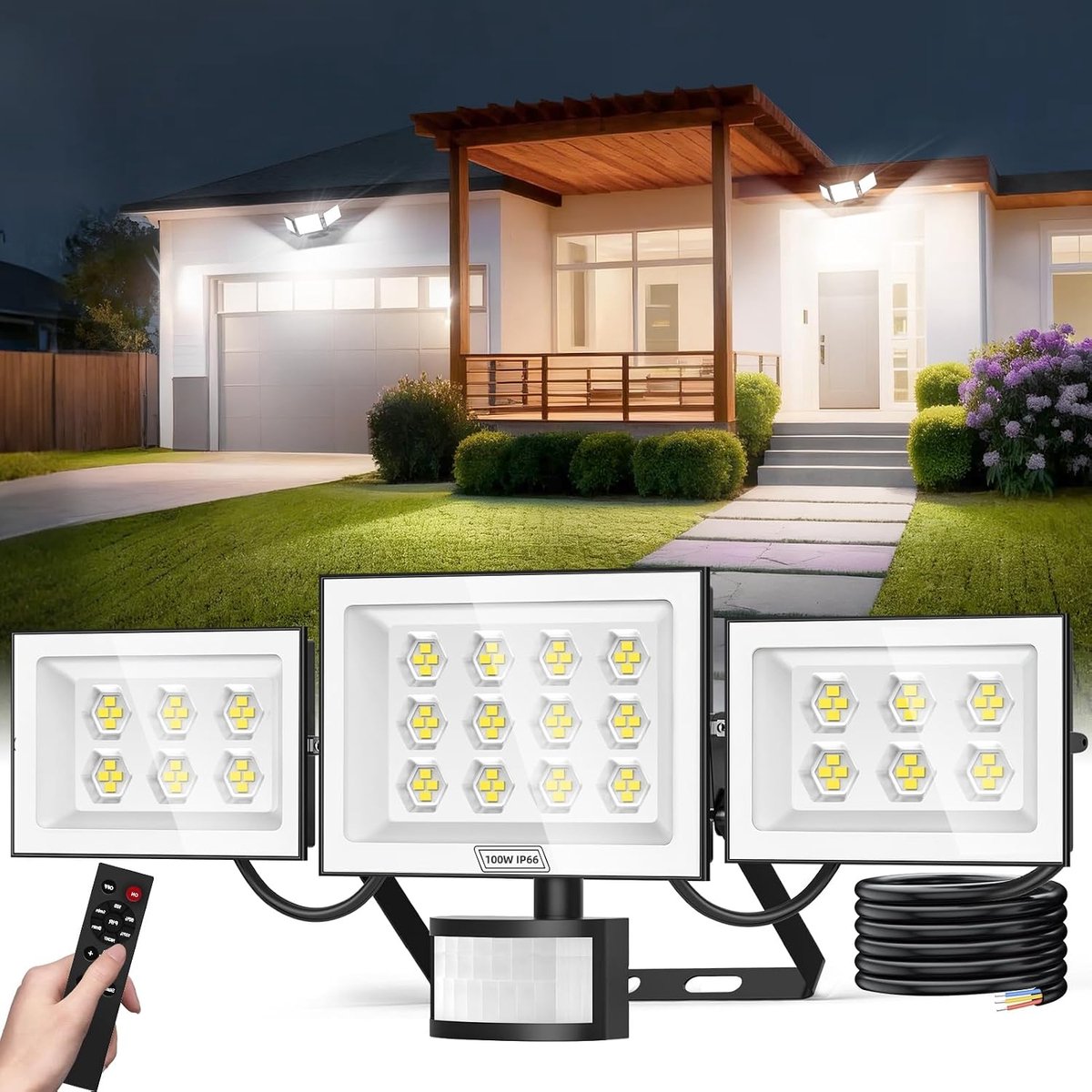 papasbox 100 W LED Spotlight with Motion Sensor, Outdoor Spotlight, for Garden, Garage, Sports Field, with Remote - ShopVlot