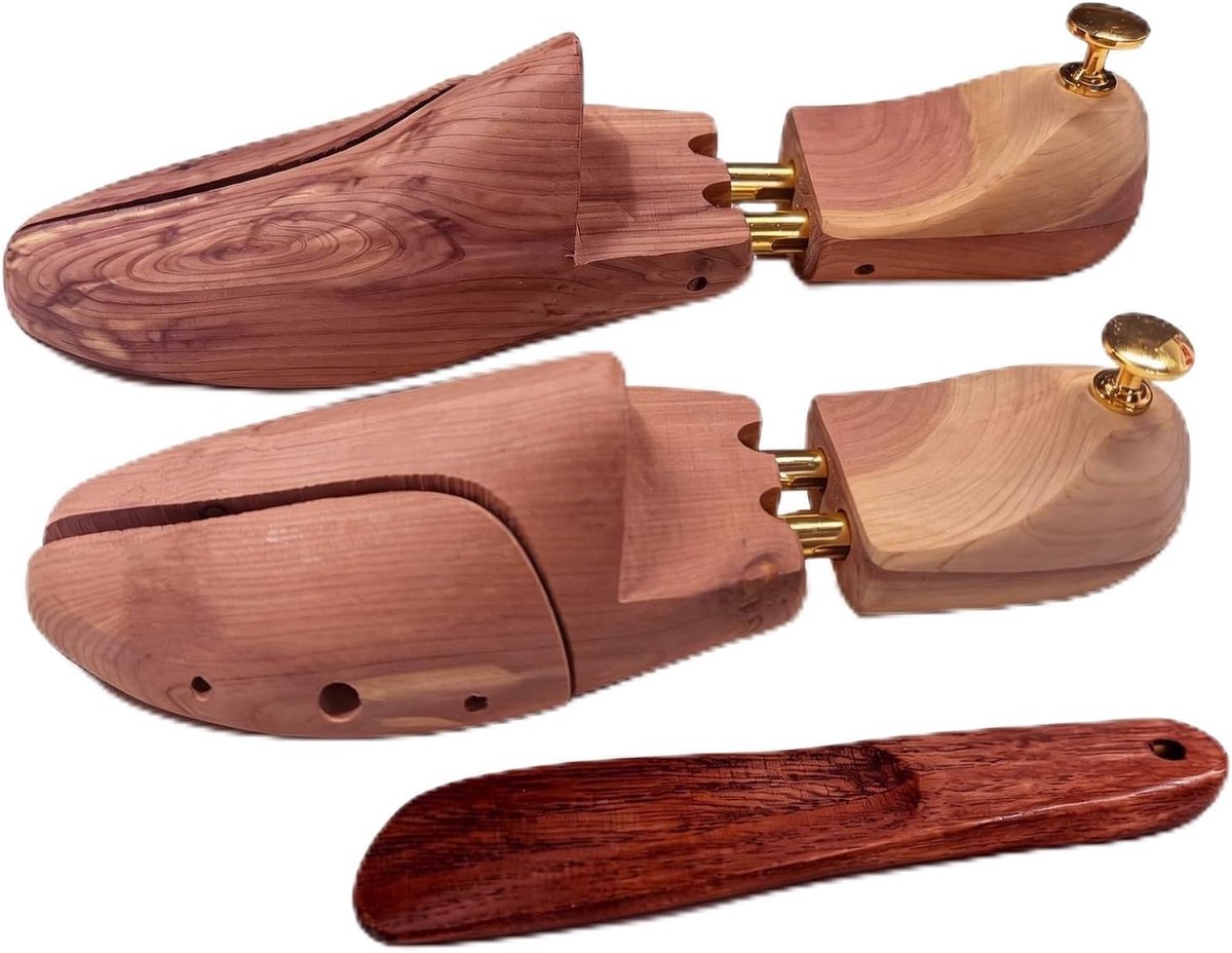 Cedar wood shoe stretchers + shoe horn set - adjustable shoe shape made of cedar wood, 1 x shoe horn made of - ShopVlot