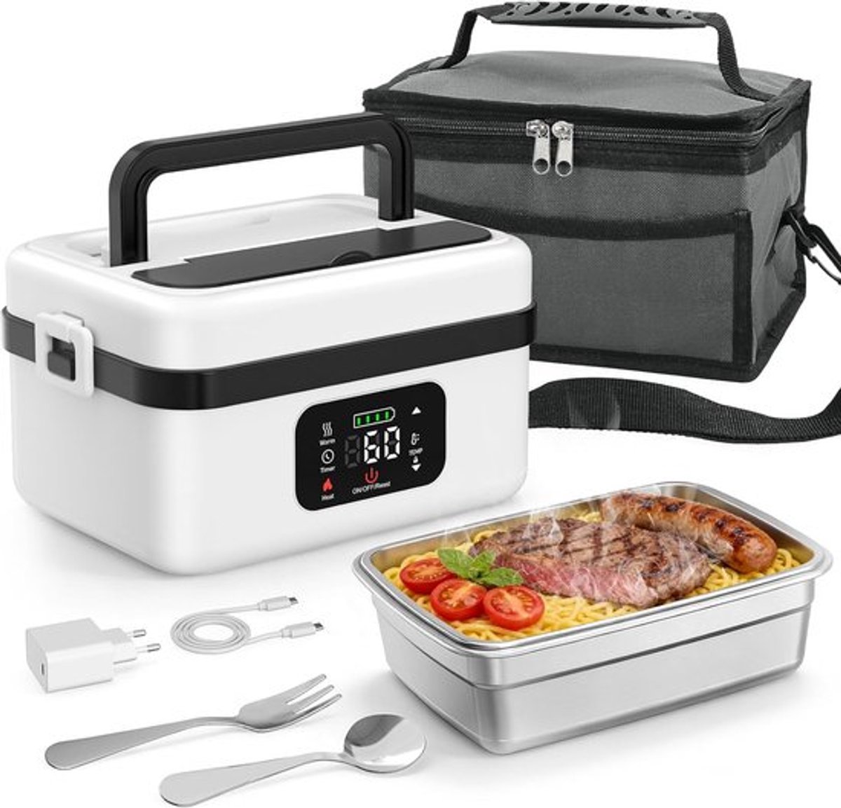 SnelShoppen - Electric Lunch Box 1 Liter - Intelligente Warming Box met Accu, Programmeerbare Temperatuur en Tijd, LED Display, Inclusief Bestek en Is