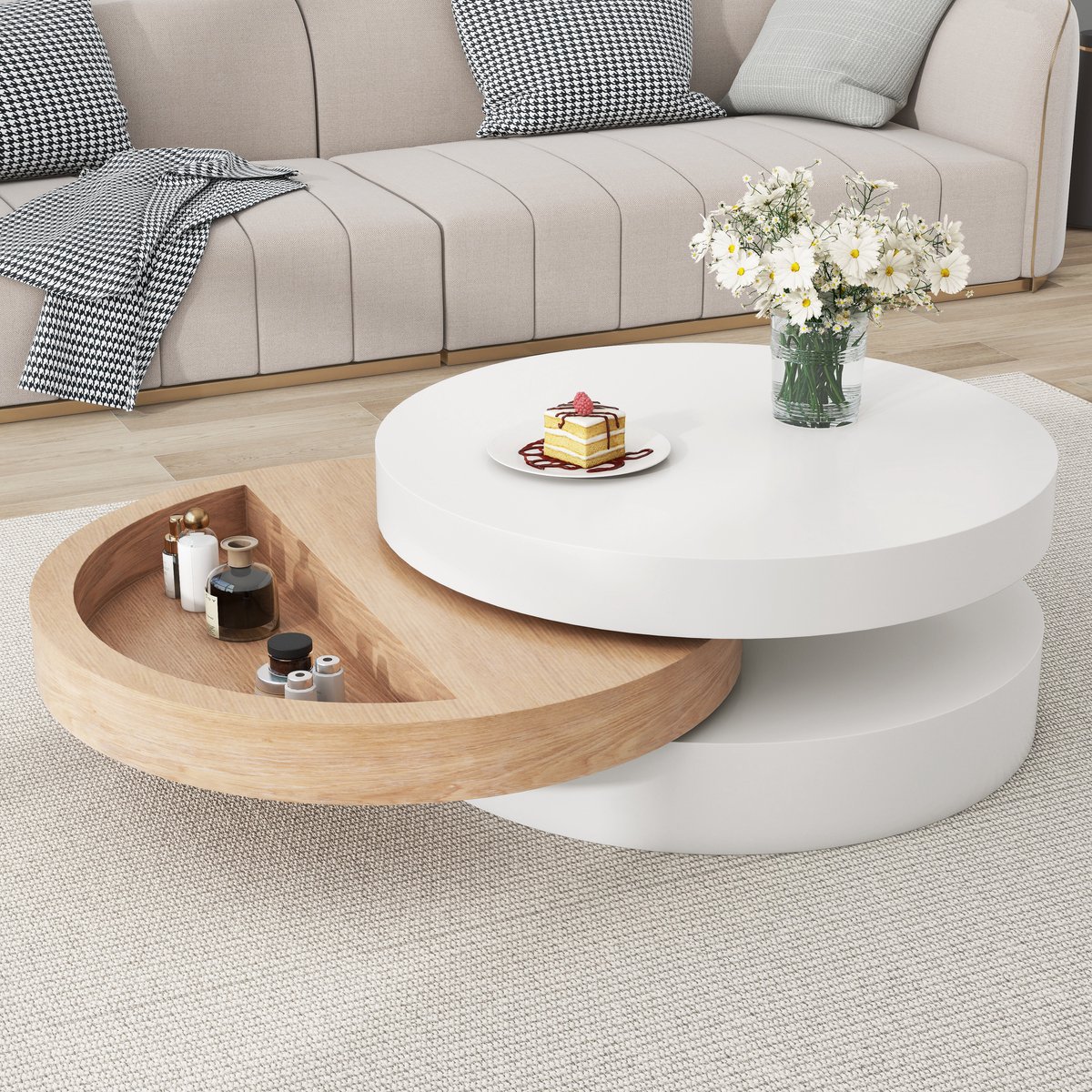 Ronde Salontafel 60 cm - Draaibare Tafel Met 360° Rotatie En Verborgen Opbergruimte - MDF Wit Naturel