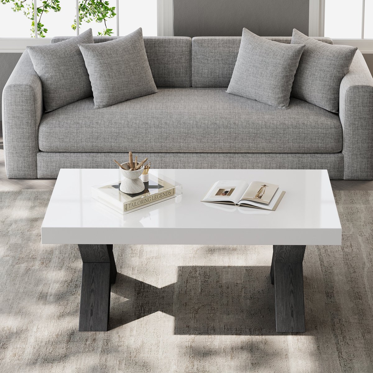 Rechthoekige Salontafel 100x50x40 cm - Hoogglans MDF Tafel Met X-vormige Poten Wit Zwart