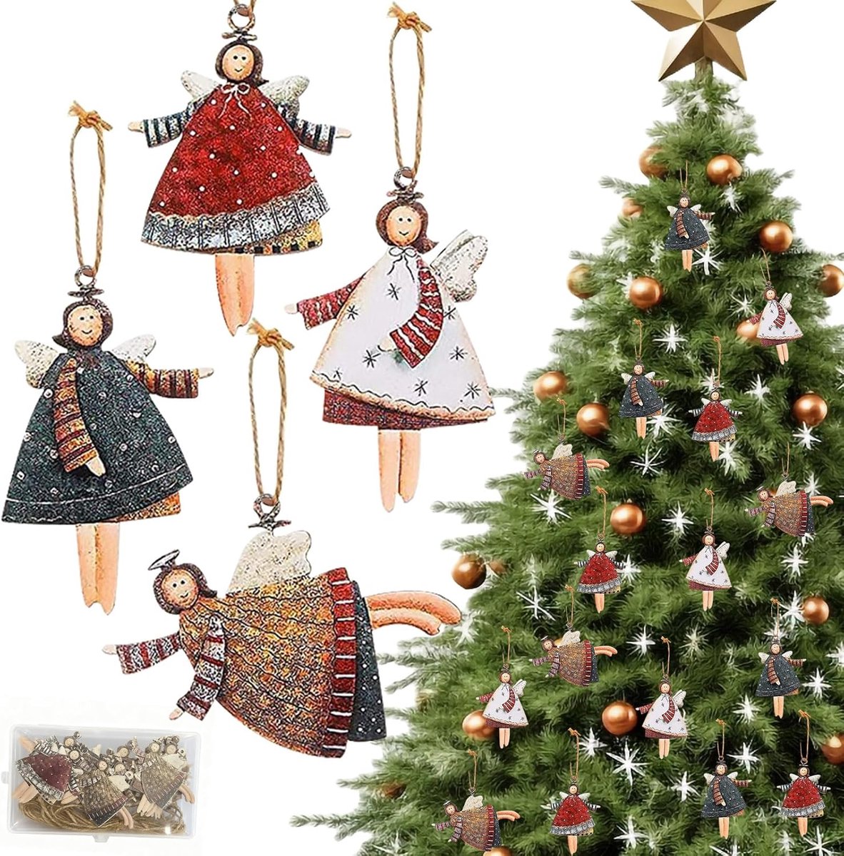 Kerstversiering engelen 20 stuks - houten kerstdecoraties - 4 designs - sfeervolle kerstboomdecoratie - ShopVlot