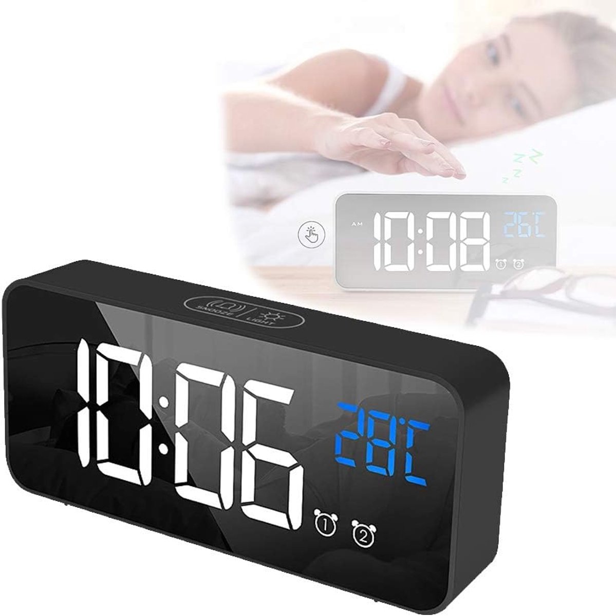 Digitale wekker met grote LED temperatuurweergave - Draagbare spiegel - Dubbele snooze functie - ShopVlot