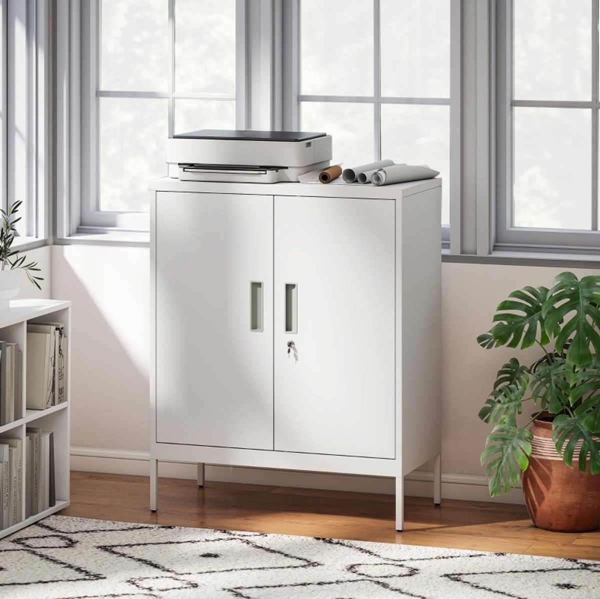 OKWISH Archiefkast - Afsluitbaar - 2 Deuren - Verstelbare Planken - Voor Thuiswerk, Woonkamer En Garage - Staal Wit - 80 X 40 X 100 Cm