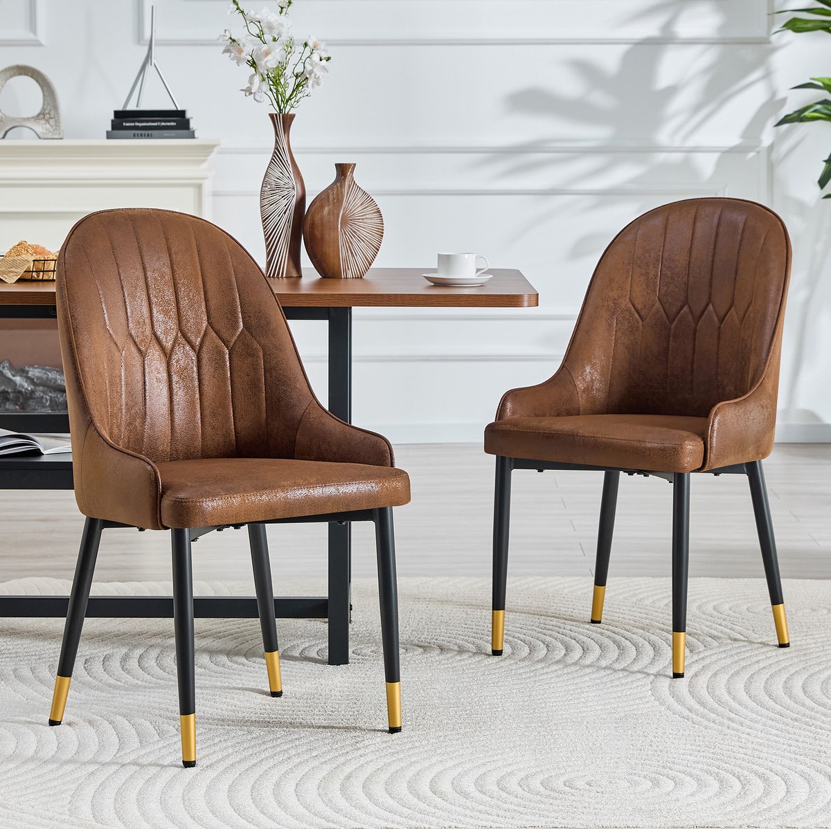 DESMIU Eetkamerstoel Set Van 2 - Ergonomisch Met Hoge Rugleuning En Armleuningen - Voor Eetkamer, Café En Woonkamer - Stof En Metaal - Bruin Zwart