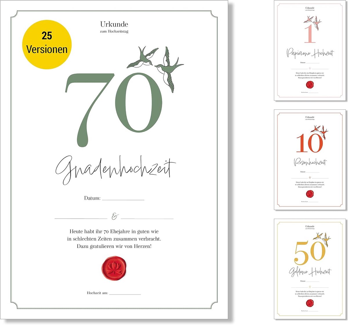 Certificaat van huwelijksverjaardag - 70e jubileum - klassiek ontwerp - perfect als cadeau - ShopVlot
