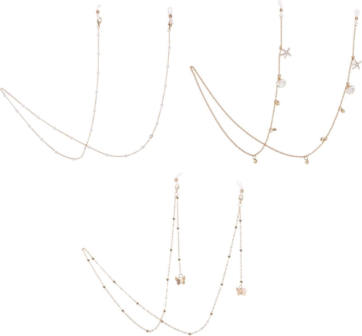 Brilkettingen set van 2 - gouden vlinder, parels en schelpdesign - modieus accessoire voor dagelijks gebruik - ShopVlot