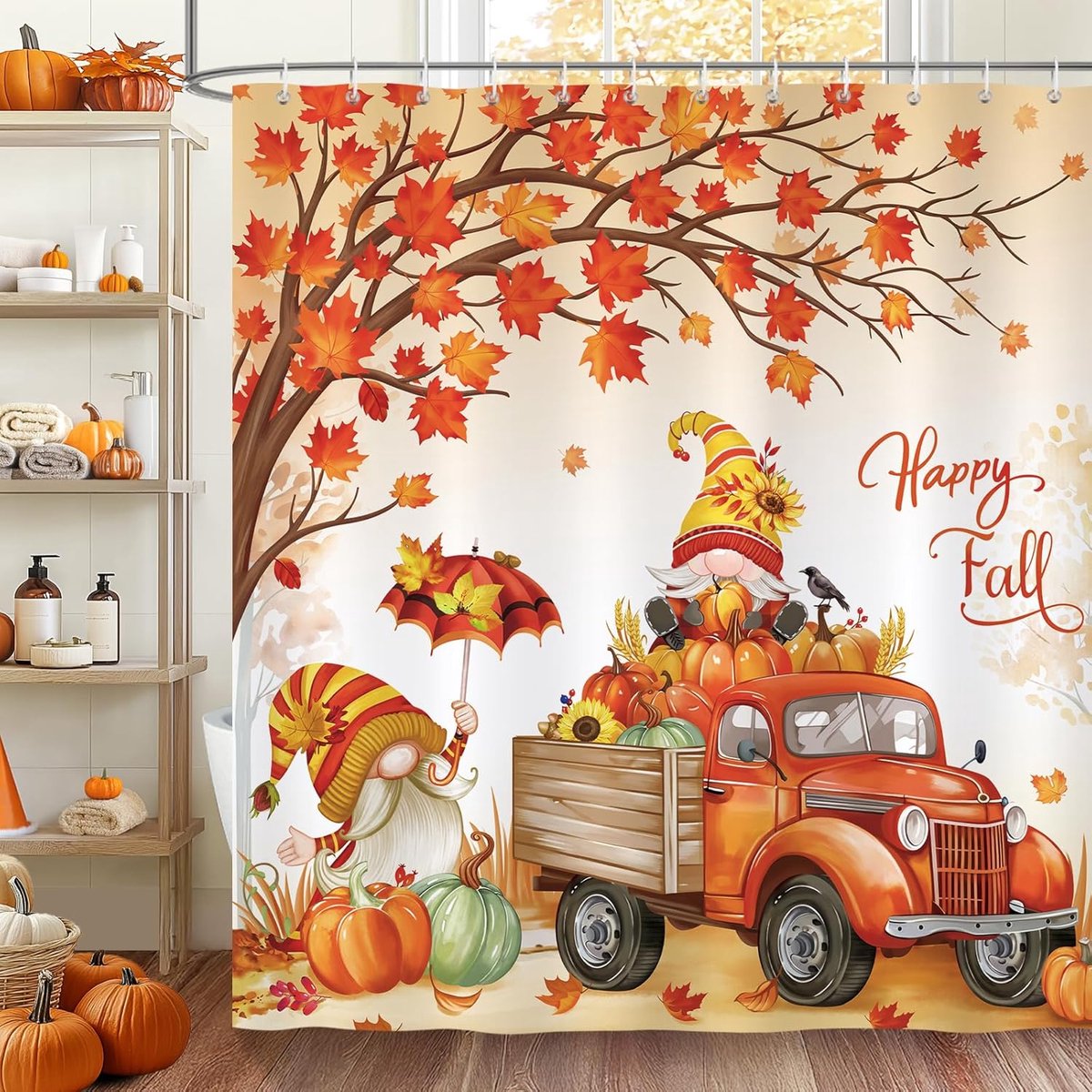 Douchescherm 180 x 180cm - Waterdicht polyester - Herfst gnomes en pompoenen - Creëer een warme sfeer - ShopVlot