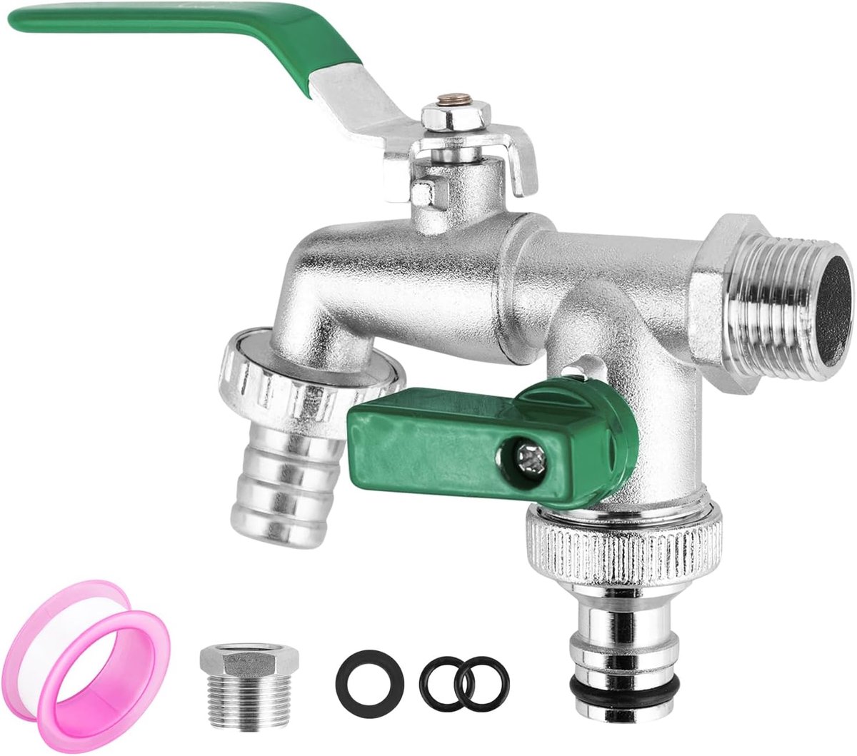 Tuinkraan Dubbele Afvoer 1/2 Inch 3/4 Inch - Messing Tuinkraan met 2 Slangaansluitingen - Voor Tuin en Wasmachine - ShopVlot