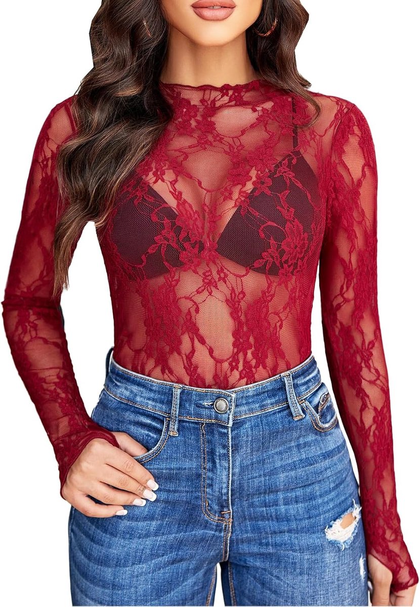 Mesh top dames S-XL - lange mouwen - kant - sexy outfit voor festivals - ShopVlot