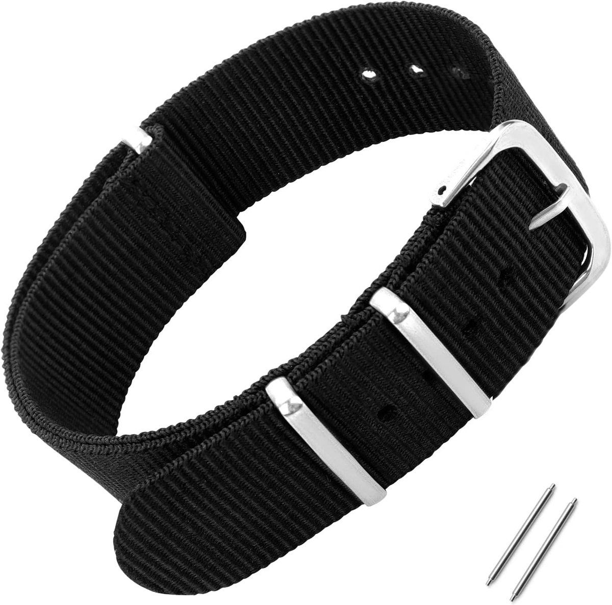 Nylon horlogeband 18mm - zwart - met zilveren metalen gesp - comfortabele vervangingsband - ShopVlot