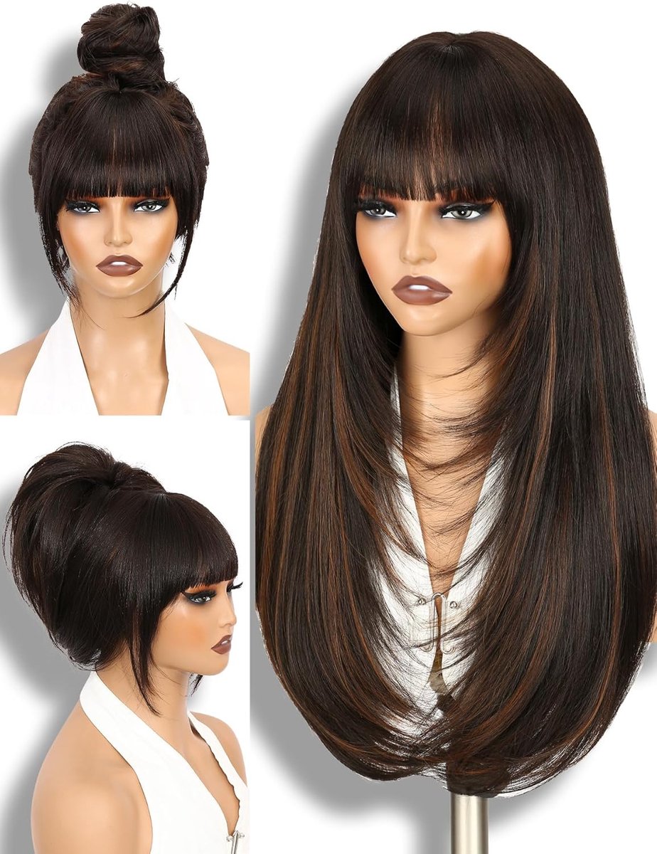 26 Inch Long Straight Wig With Layers And Bangs Brown Wig - Brown Wig With Bangs, Layered Bangs, Natural Looking - ShopVlot