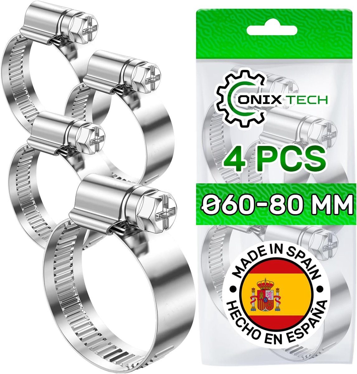 Set of 4 hose clamps, diameter 60-80 mm, trouser clamps are galvanised and have a coating of ≥ 5 microns. ONIX TECH - ShopVlot