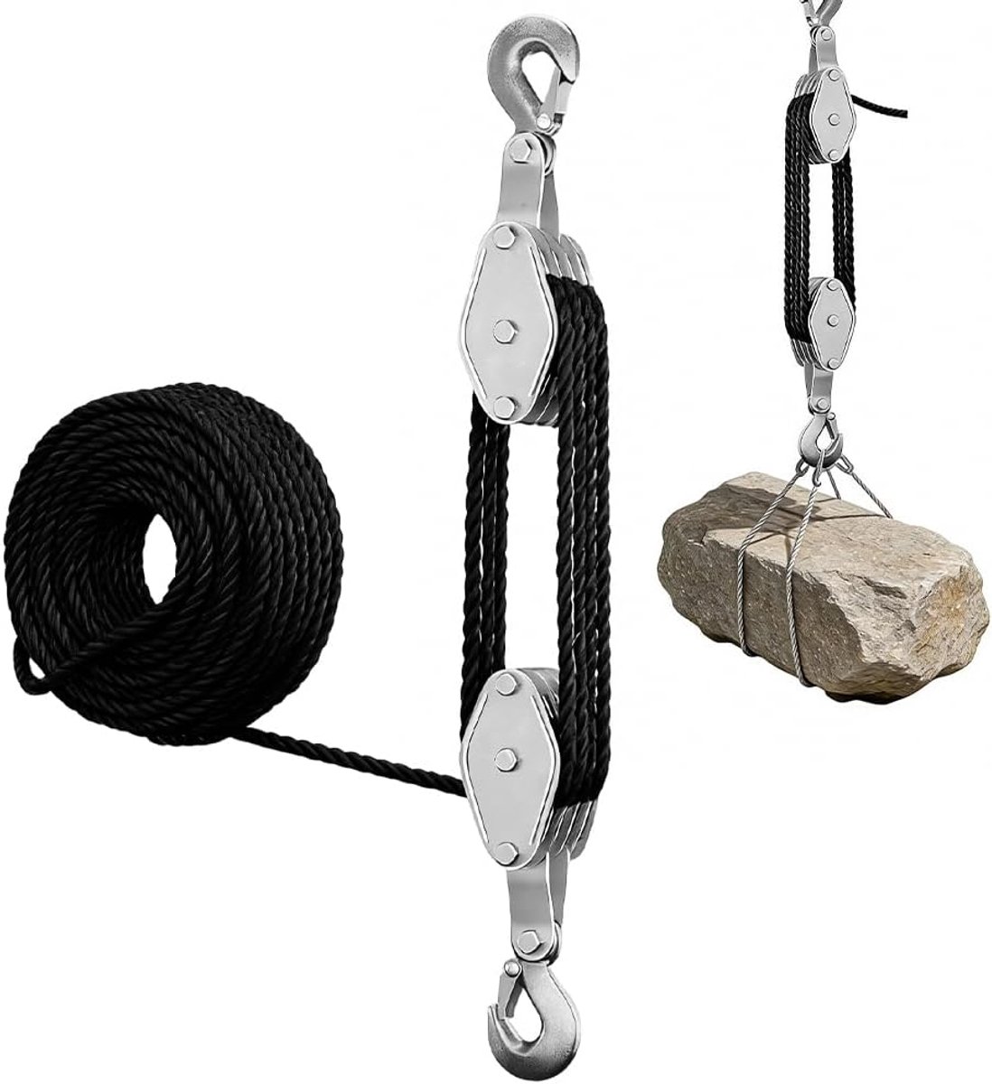 Pulley with Cable Brake, Work Saving with 20 m Nylon Rope, Max. 400 kg Load Capacity, 270° Rotatable, Work Saving - ShopVlot