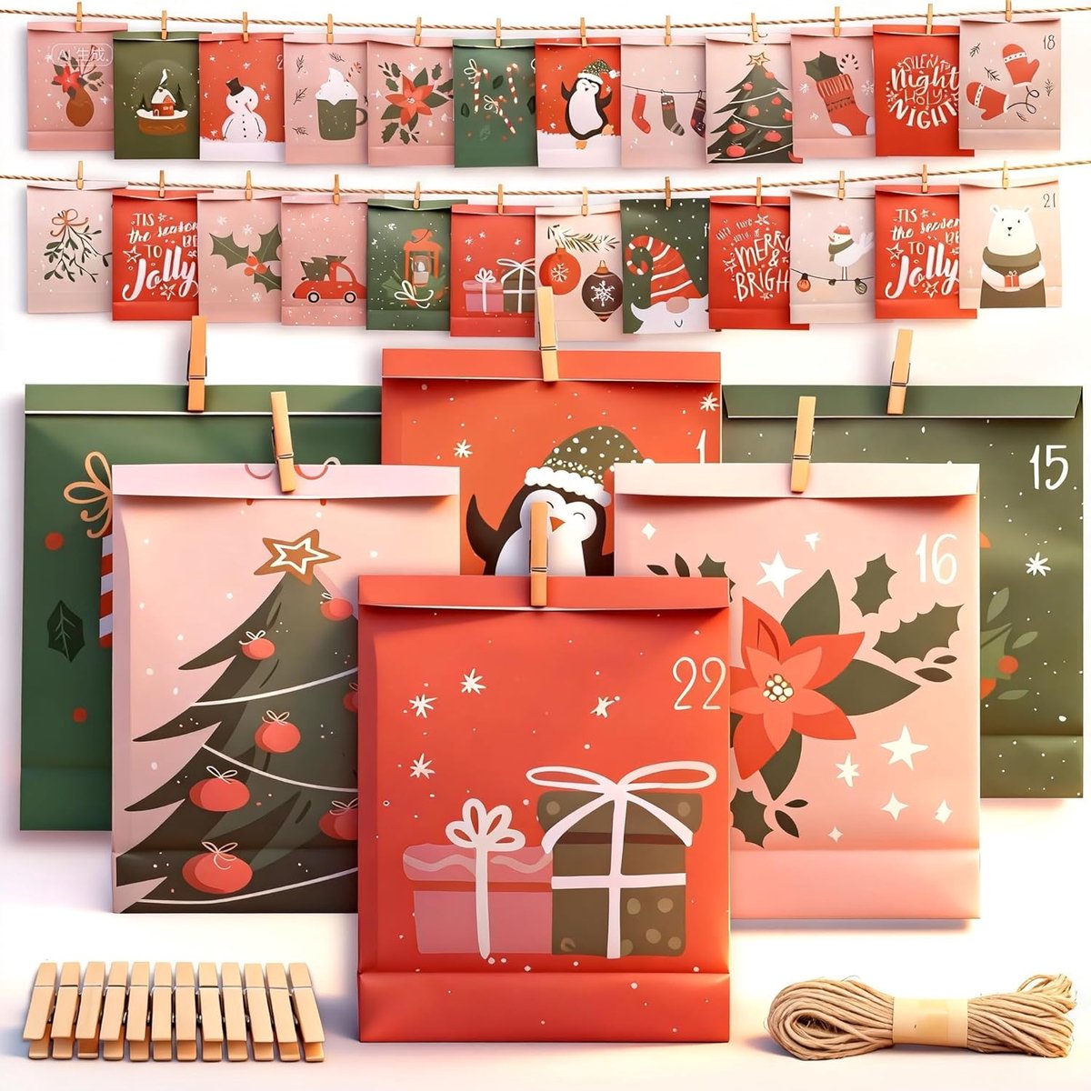 Advent Calendar Bags for Filling for Children, 24 Paper Advent Bags, Christmas Calendar, Paper Bags (B) - ShopVlot