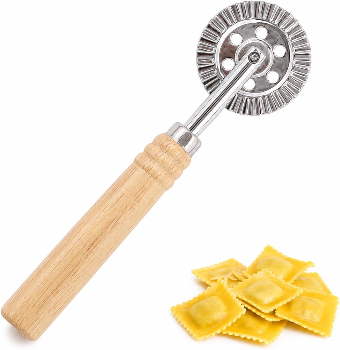 Deegsnijder, tanden, gegolfd met ergonomische lange houten handgreep, ravioli-pastasnijder, vaatwasmachinebestendig - ShopVlot