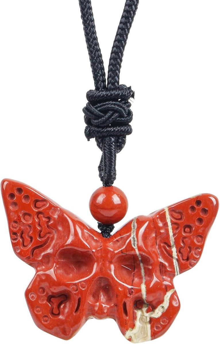 Natural Crystal Butterfly Skull Pendant Adjustable Black Strap Gothic Hand Carved Necklace - ShopVlot
