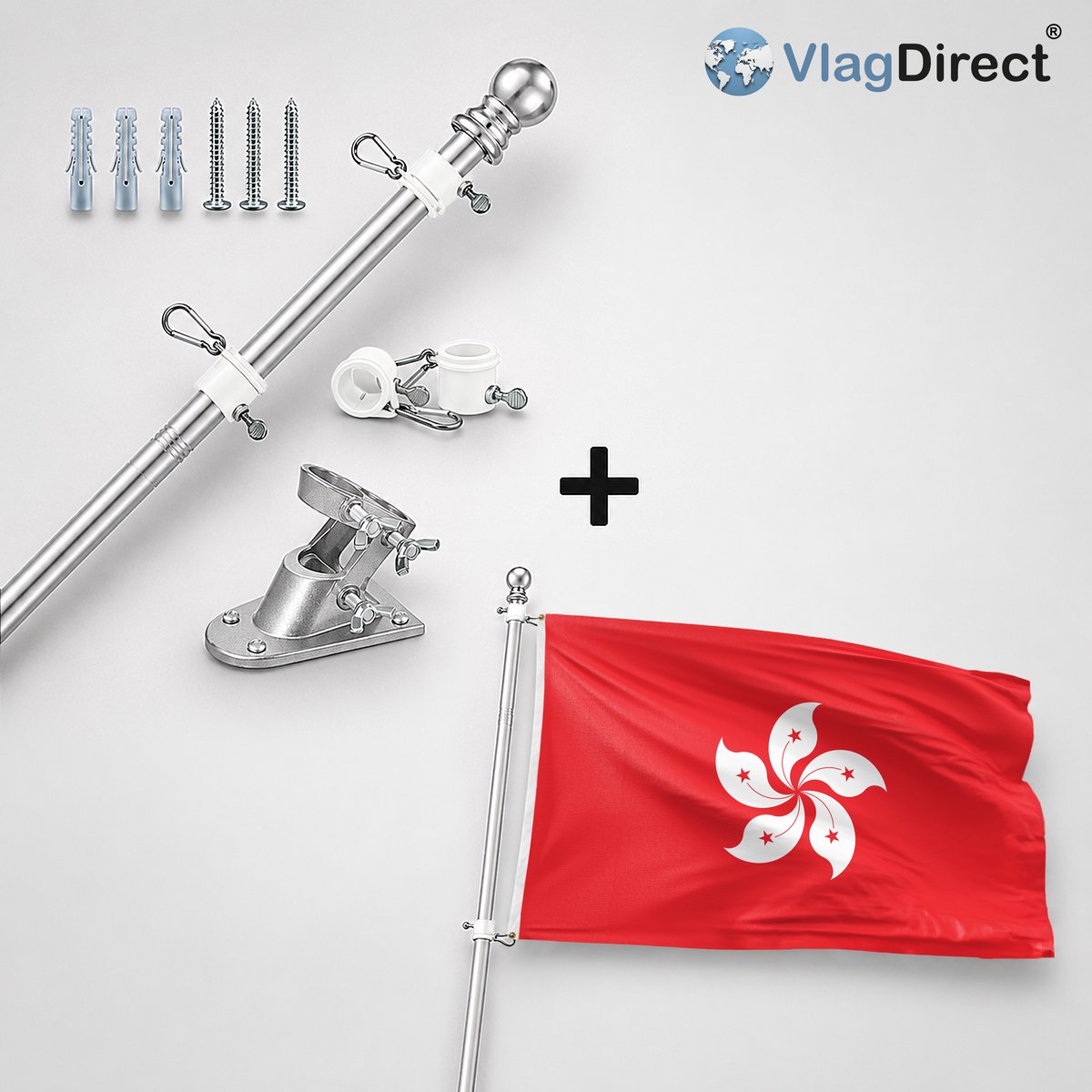 VlagDirect - Compleet vlaggenpakket - Zilveren vlaggenstok inclusief vlaggenstokhouder + Hongkongse vlag - Hong Kong vlag - 90 x 150 cm