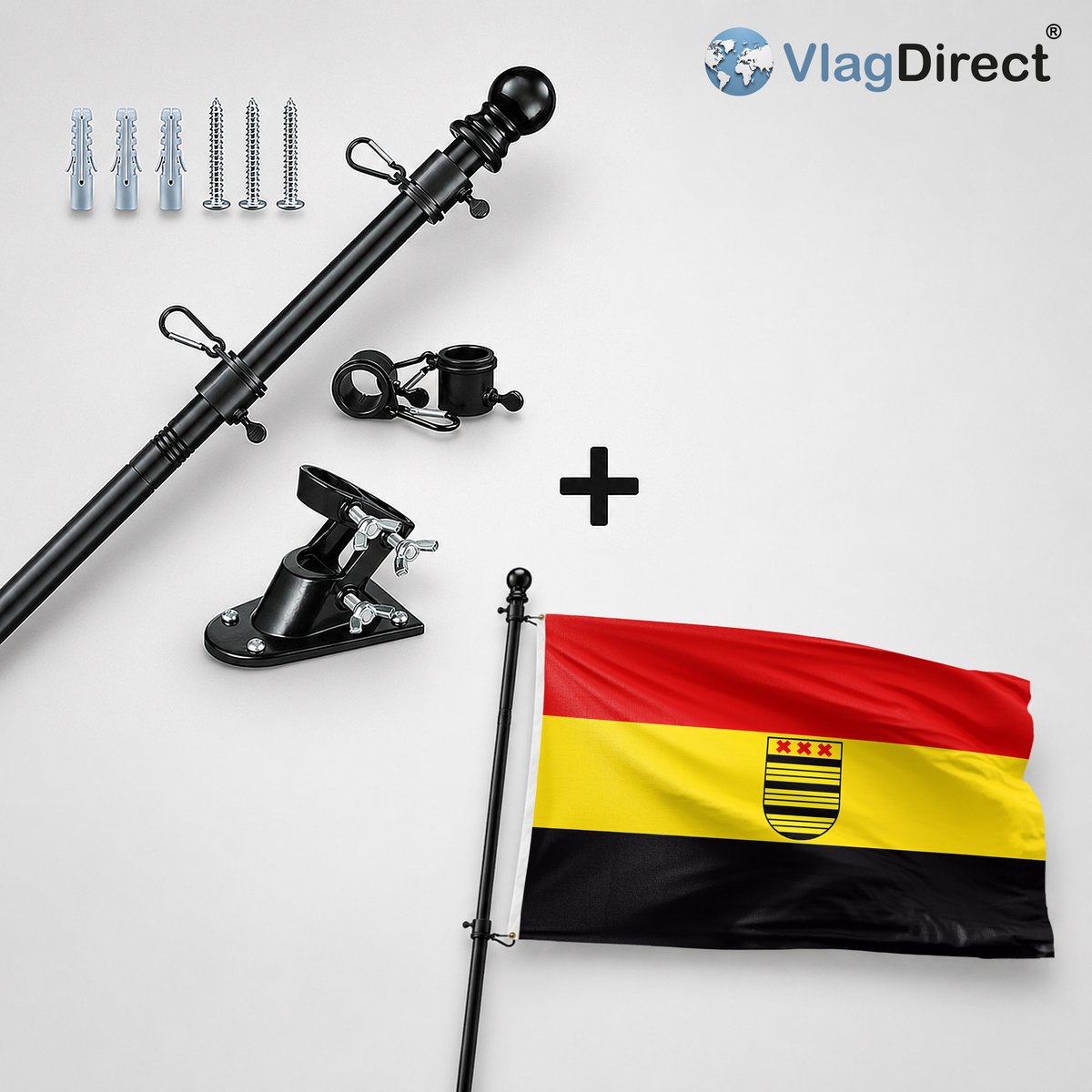 VlagDirect - Compleet vlaggenpakket - Zwarte vlaggenstok inclusief vlaggenstokhouder + Deurne vlag - Gemeente Deurne vlag - 90 x 150 cm.