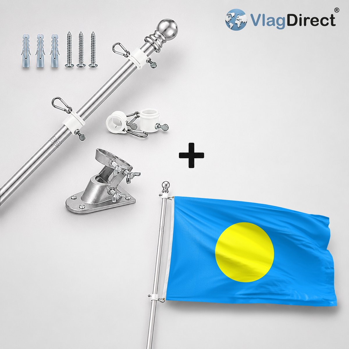 VlagDirect - Compleet vlaggenpakket - Zilveren vlaggenstok inclusief vlaggenstokhouder + Palause vlag - Palau vlag - 90 x 150 cm