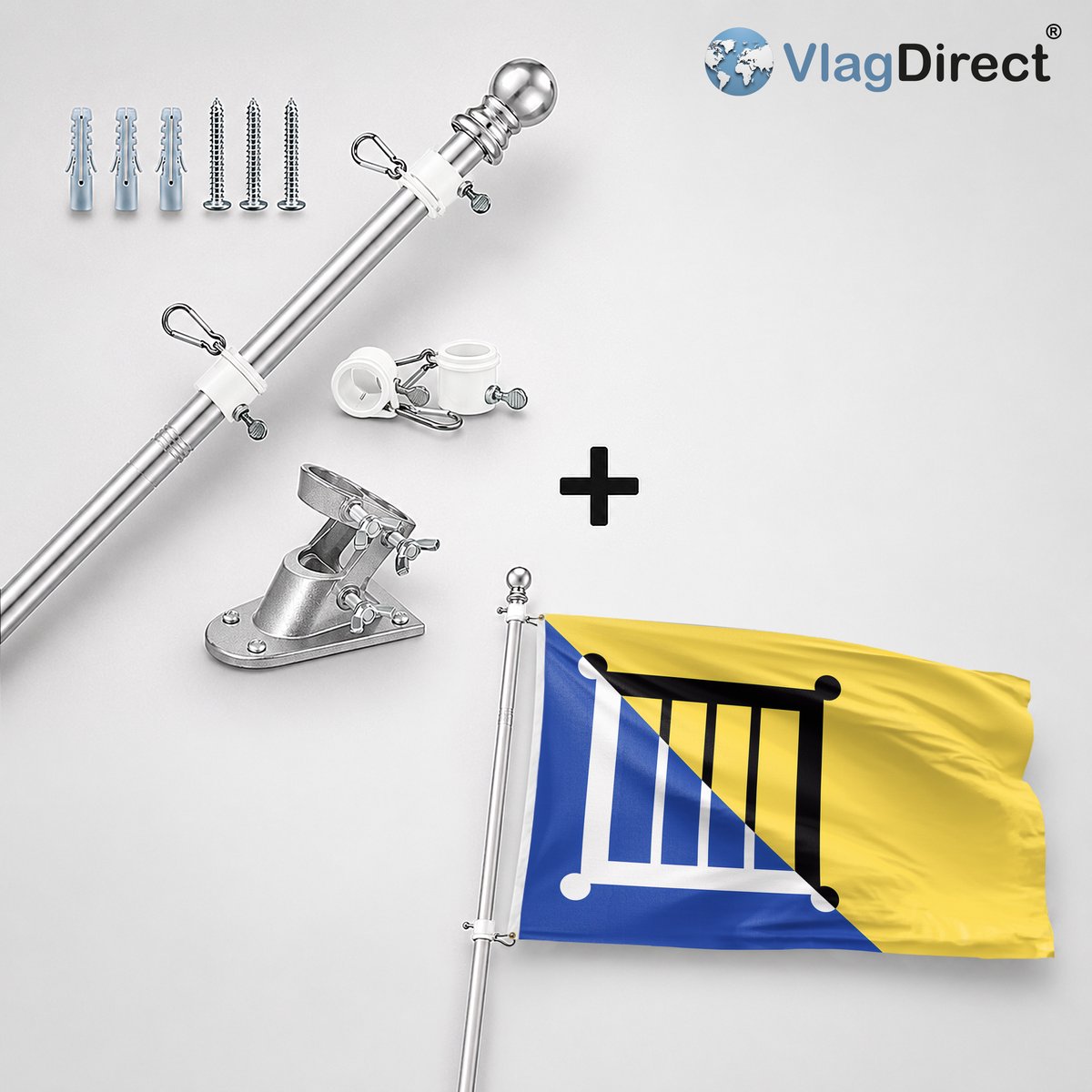 VlagDirect - Compleet vlaggenpakket - Zilveren vlaggenstok inclusief vlaggenstokhouder + De Bilt vlag - Gemeente De Bilt vlag - 90 x 150 cm.