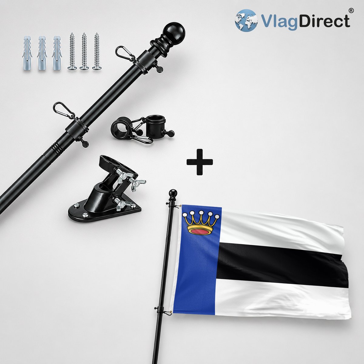 VlagDirect - Compleet vlaggenpakket - Zwarte vlaggenstok inclusief vlaggenstokhouder + Heerenveen vlag - Gemeente Heerenveen vlag - 90 x 150 cm.