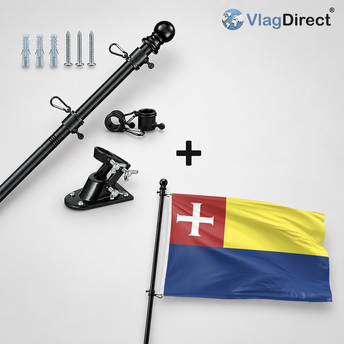 VlagDirect - Compleet vlaggenpakket - Zwarte vlaggenstok inclusief vlaggenstokhouder + Heiloo vlag - Gemeente Heiloo vlag - 90 x 150 cm.