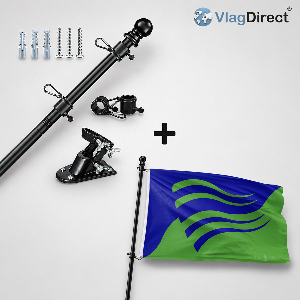 VlagDirect - Compleet vlaggenpakket - Zwarte vlaggenstok inclusief vlaggenstokhouder + Olst-Wijhe vlag - Gemeente Olst-Wijhe vlag - 90 x 150 cm.