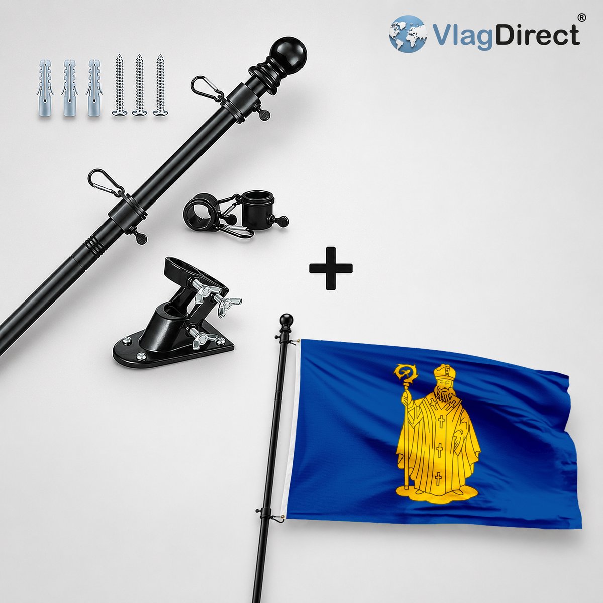 VlagDirect - Compleet vlaggenpakket - Zwarte vlaggenstok inclusief vlaggenstokhouder + Baarle-Hertogse vlag - Gemeente Baarle-Hertog vlag - 90 x 150 cm.