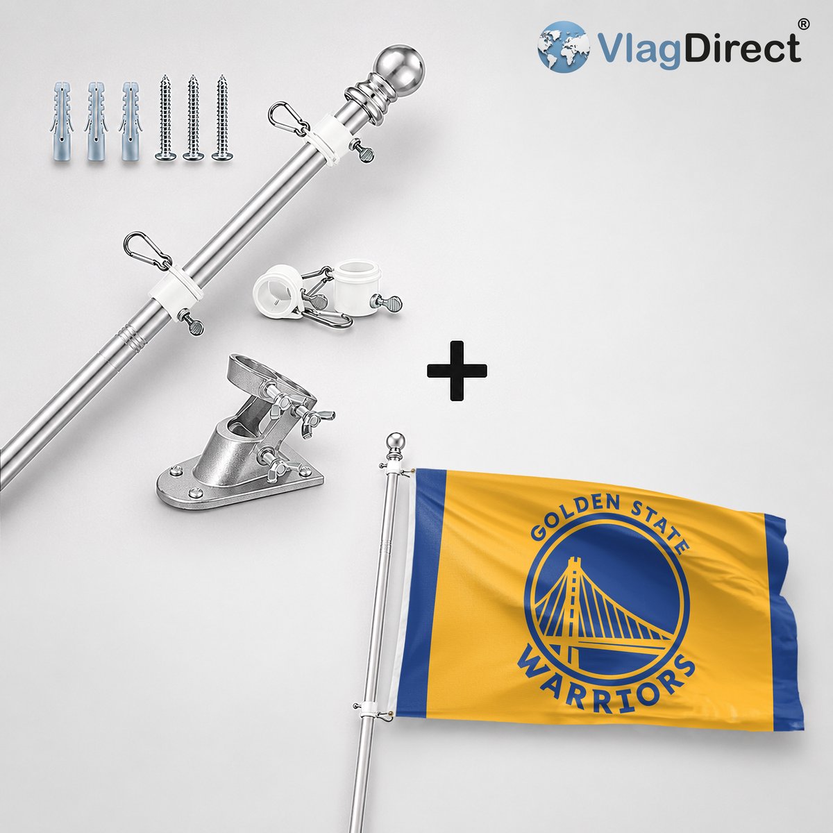VlagDirect - Compleet vlaggenpakket - Zilveren vlaggenstok inclusief vlaggenstokhouder + Golden State Warriors vlag - Golden State Warriors basketbalteam vlag - 90 x 150 cm.
