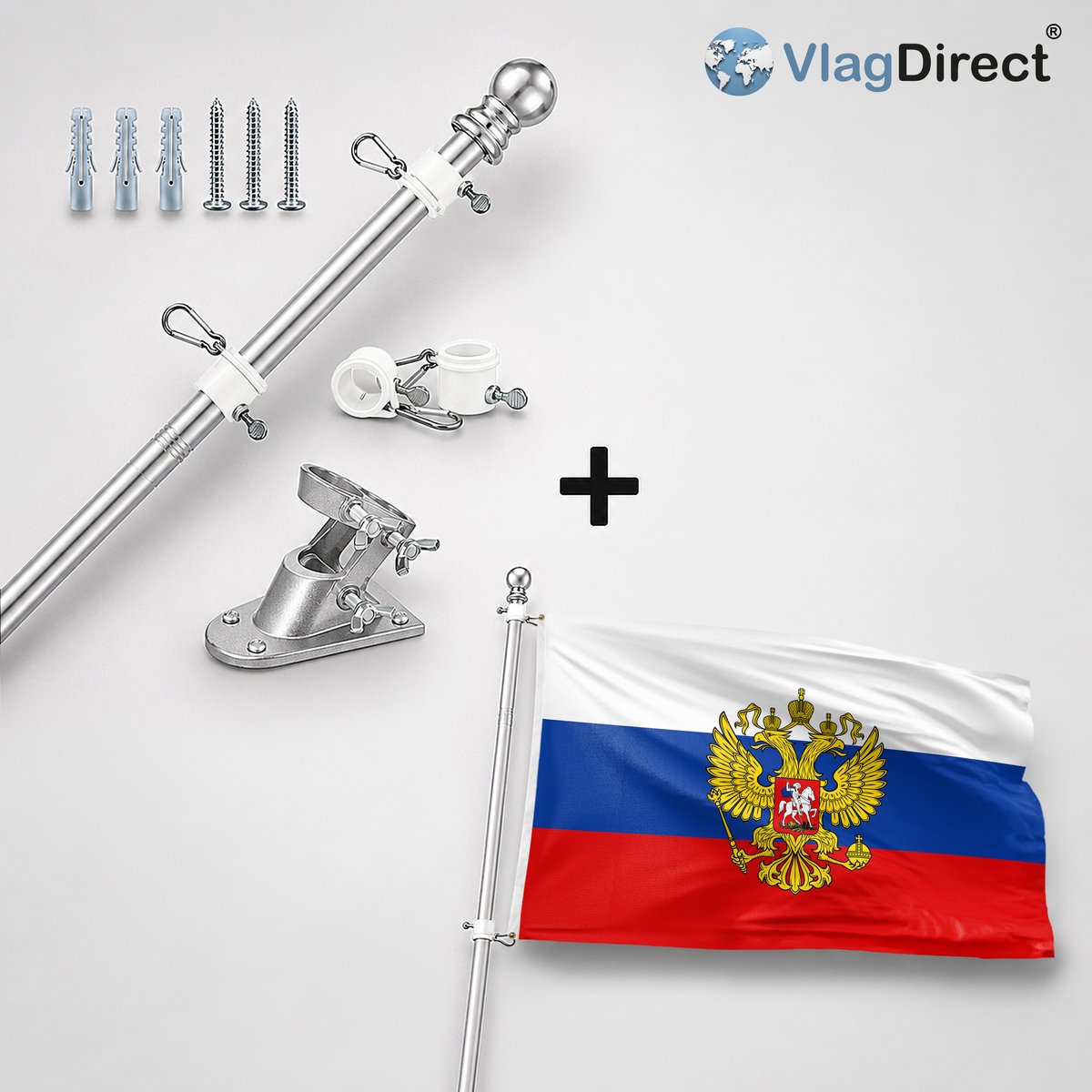 VlagDirect - Compleet vlaggenpakket - Zilveren vlaggenstok inclusief vlaggenstokhouder + Russische vlag met wapen - Rusland vlag met wapen - 90 x 150 cm.