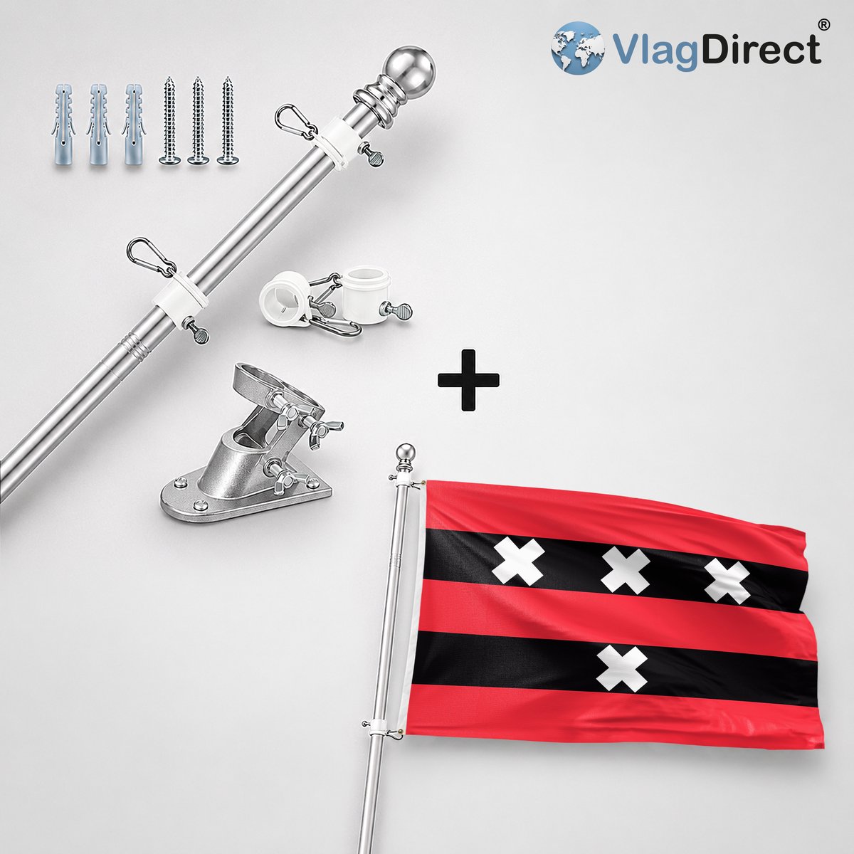 VlagDirect - Compleet vlaggenpakket - Zilveren vlaggenstok inclusief vlaggenstokhouder + Amstelveen vlag - Gemeente Amstelveen vlag - 90 x 150 cm.