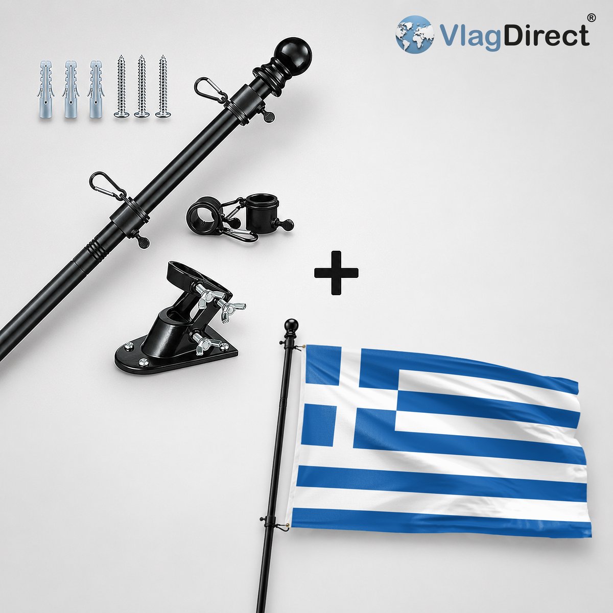 VlagDirect - Compleet vlaggenpakket - Zwarte vlaggenstok inclusief vlaggenstokhouder + Griekse vlag - Griekenland vlag - 90 x 150 cm.