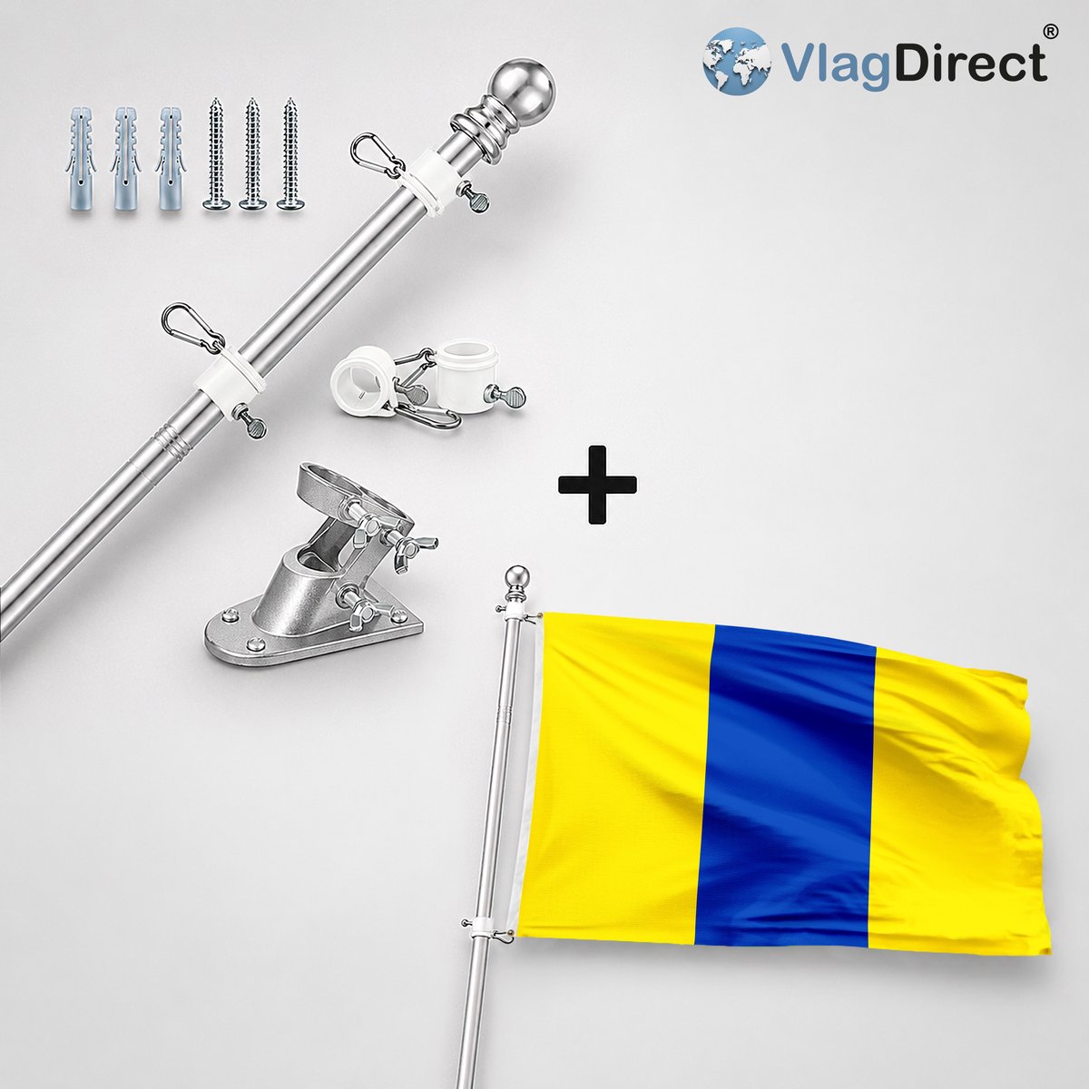 VlagDirect - Compleet vlaggenpakket - Zilveren vlaggenstok inclusief vlaggenstokhouder + Gemeente Dour vlag - 90 x 150 cm.