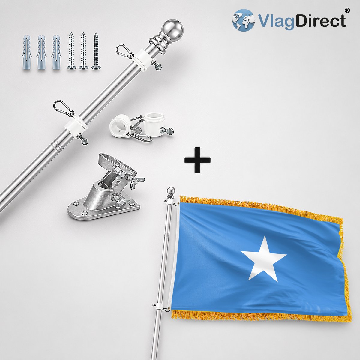VlagDirect - Compleet vlaggenpakket - Zilveren vlaggenstok inclusief vlaggenstokhouder + Somalische vlag - Somalie vlag - 90 x 150 cm.