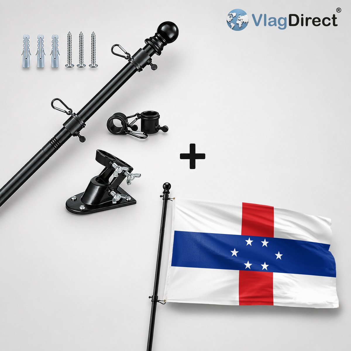 VlagDirect - Compleet vlaggenpakket - Zwarte vlaggenstok inclusief vlaggenstokhouder + Antilliaanse vlag - Nederlandse Antillen vlag - 90 x 150 cm.
