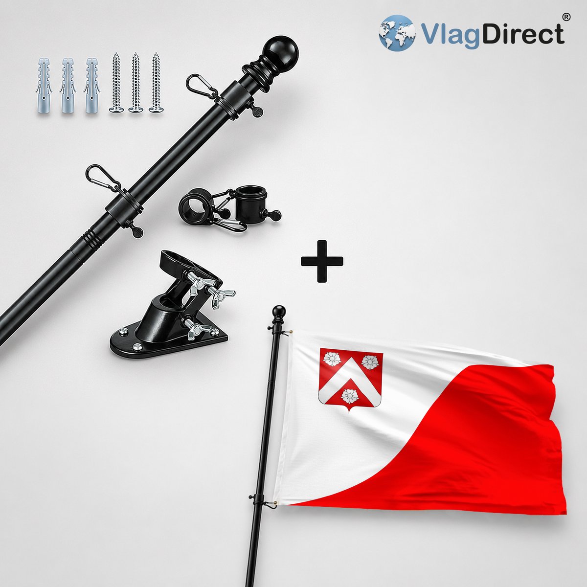 VlagDirect - Compleet vlaggenpakket - Zwarte vlaggenstok inclusief vlaggenstokhouder + Gemeente Jemeppe-sur-Sambre vlag - 90 x 150 cm.