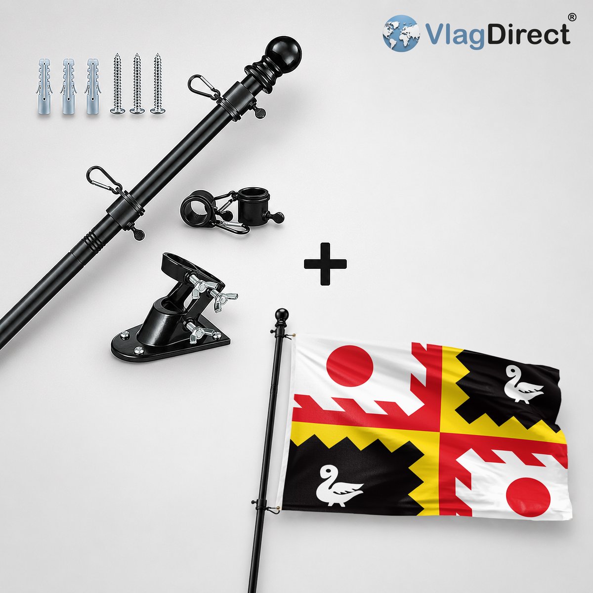 VlagDirect - Compleet vlaggenpakket - Zwarte vlaggenstok inclusief vlaggenstokhouder + Eijsden-Margraten vlag - Gemeente Eijsden-Margraten vlag - 90 x 150 cm.