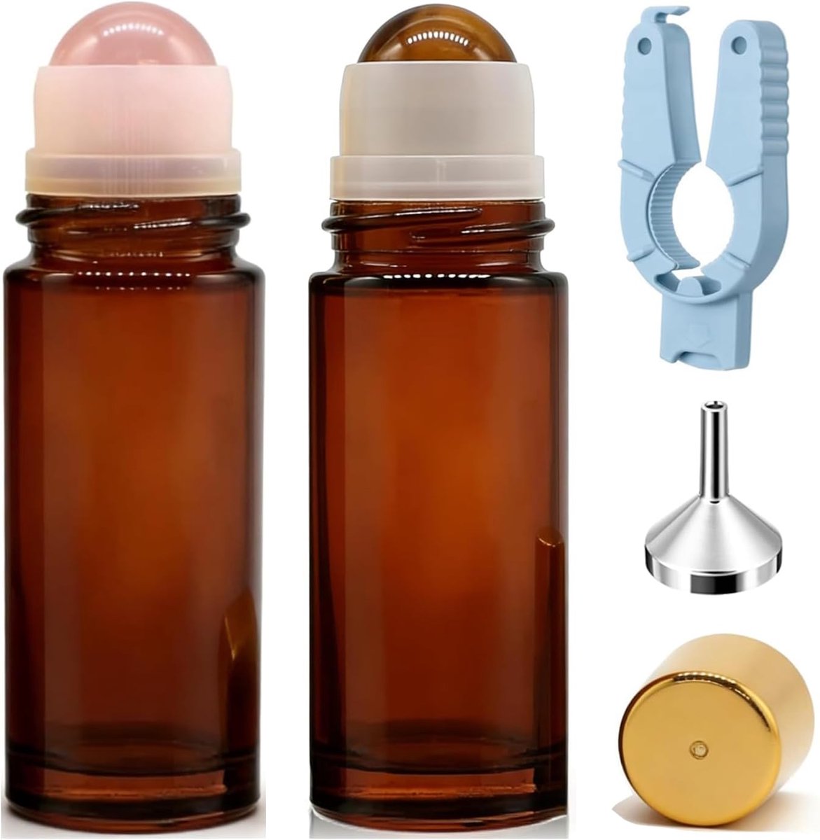 2x 50ml Lege Roll-On Flesjes Bruin Glas met Rozenkwarts & Tijgeroog Roller – Navulbare Olie Fles voor Essentiële - ShopVlot