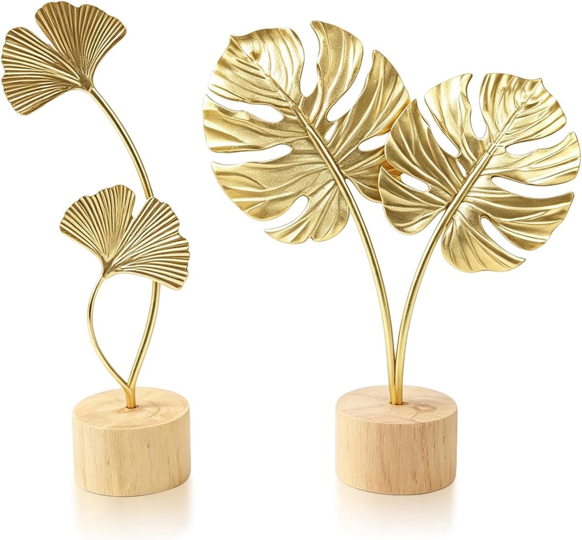 Ginkgo & Monstera-blad-decoratie, goud, set van 2 metalen sculpturen met houten voet - ShopVlot