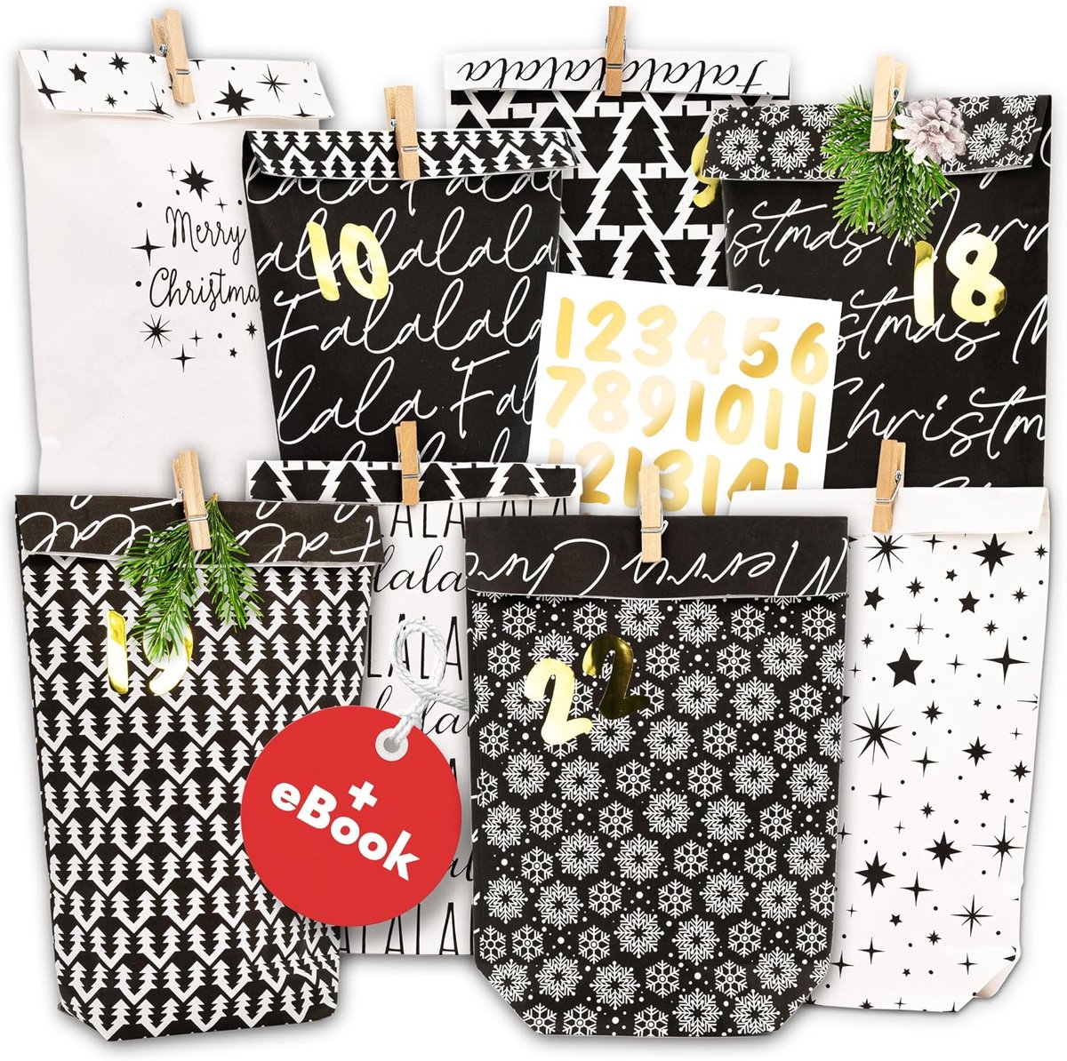 AMARI Advent Calendar for Filling No. 25 Falala - 24 Paper Advent Bags (with Wooden Pegs) for Crafts for Christmas - ShopVlot