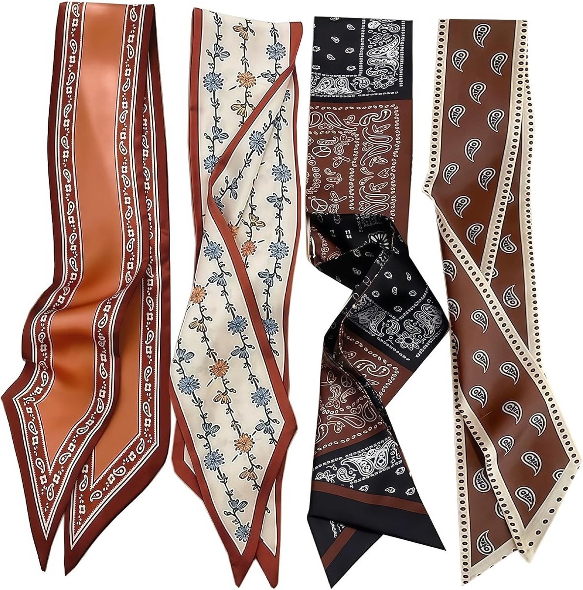 Satin Zijden Sjaal Set van 4, Smalle Sjaals voor Handtas Versiering, Haarband en Bandana, Modieuze Accessoires voor Dames, Perfect als Cadeau Idee