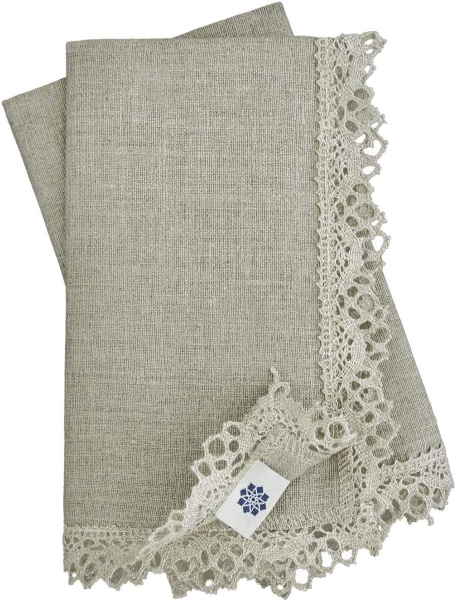 Linen & Cotton 4 x Vintage Shabby Rustic Fabric Napkins Celeste with Crochet Lace - 100% Linen (Beige, 39 x 39 cm) - ShopVlot