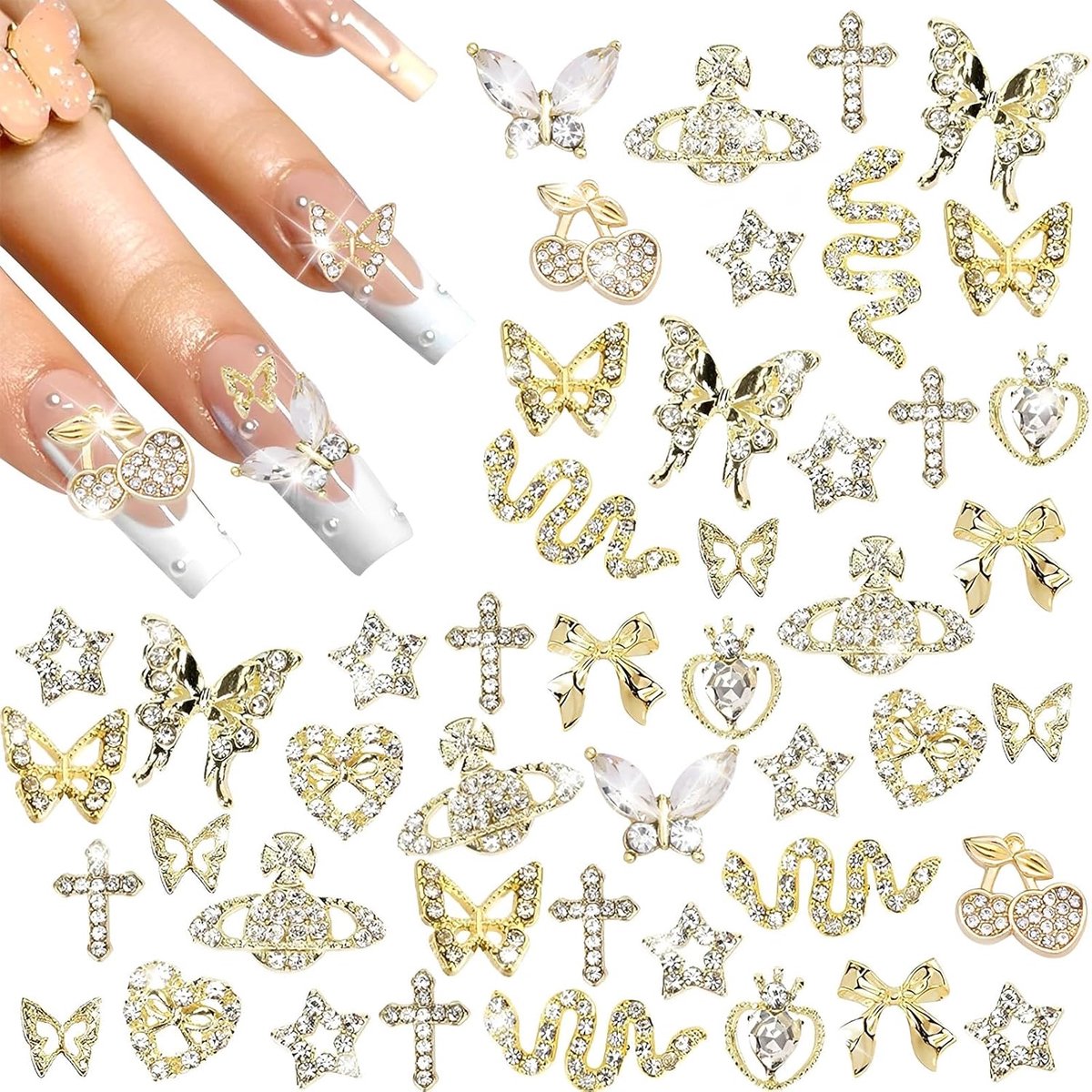 24 Pcs Nail Decorations, Alloy Stone Pendants for 3D Nails Nail Accessories with Heart Butterfly Bow Cherry Rhinestone - ShopVlot