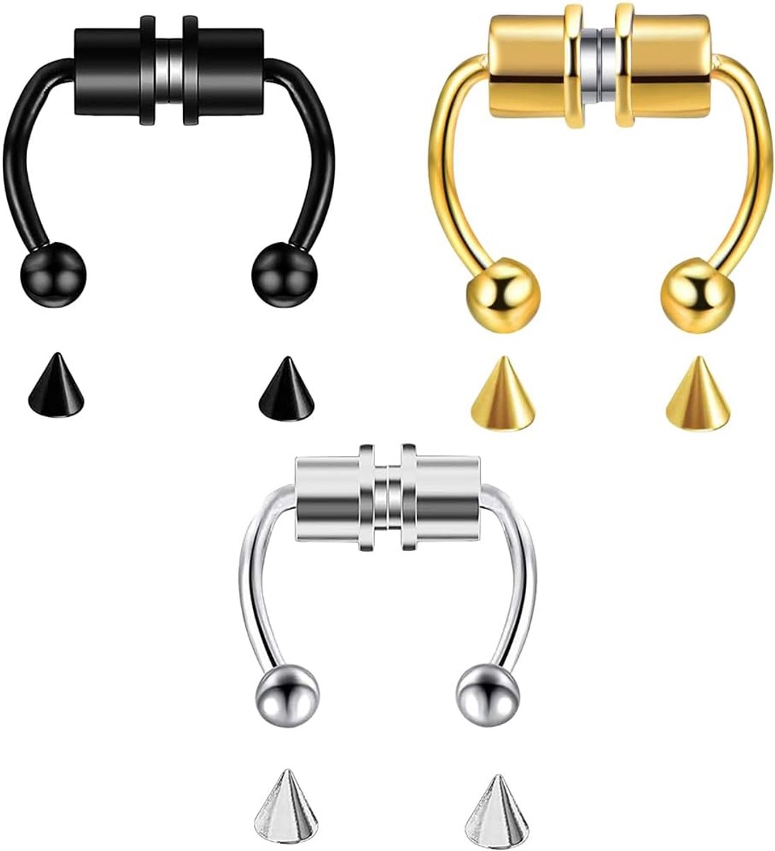 Set of 3 Magnetic Nose Rings, Stainless Steel, Horseshoe Ring, Artificial Reusable - ShopVlot